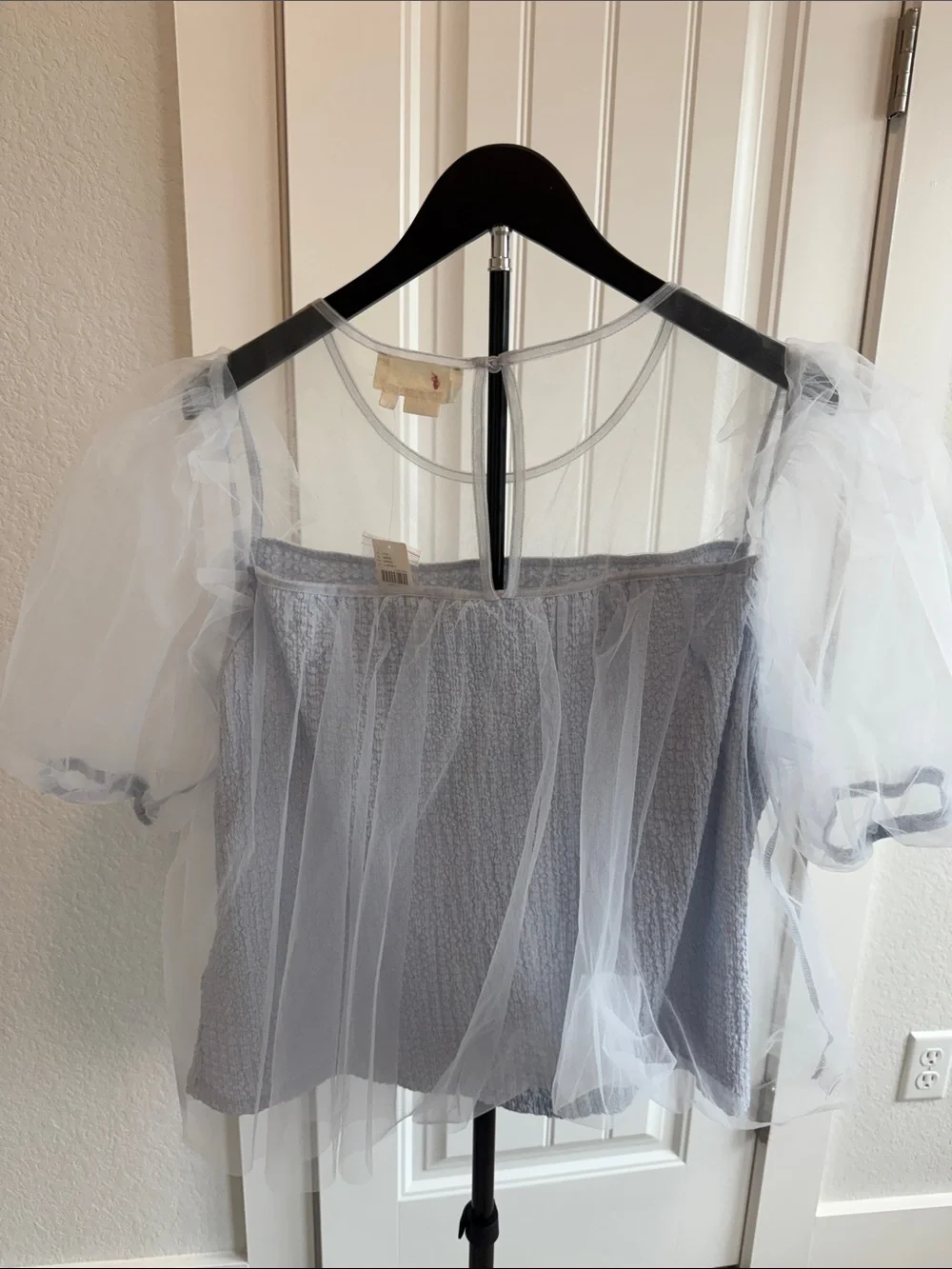 Anthropologie Sheer Puff-Sleeve White Mesh Top